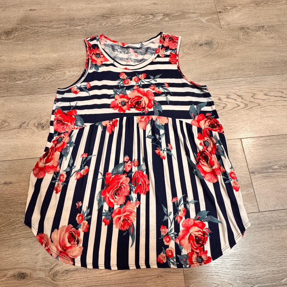 VIAMOR Linen Womens Floral Striped Babydoll Tank Top Blue Large‎ L Cottagecore